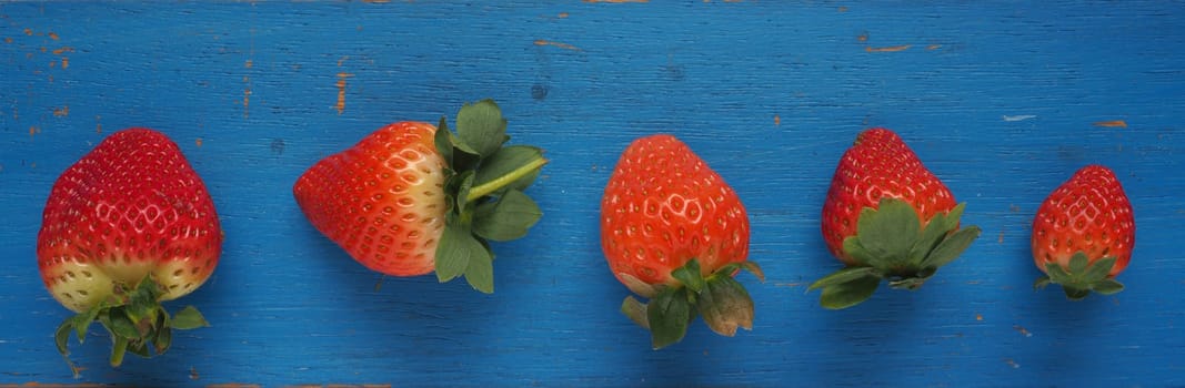 Fresh organic strawberries on a blue kitchen table, healthy food panorama