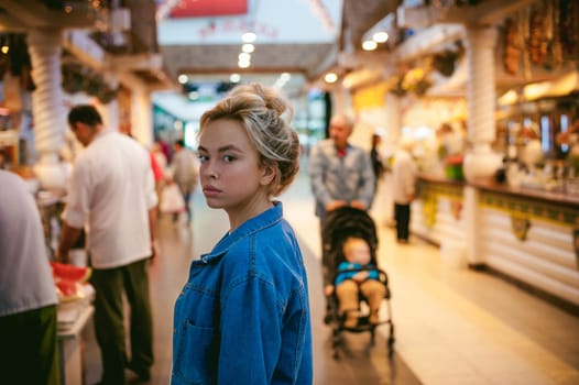 young beautiful woman in jeans clothes in business space of shopping center. portrait of a girl with freckles on her face, stylish girl standing near show-windows of fair in shopping center