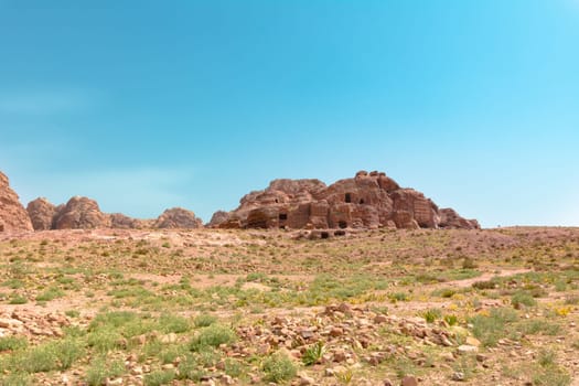 Cave dwellings in the Rose City of Petra, Jordan. The city of Petra was lost for over 1000 years. Now one of the Seven Wonders of the Word