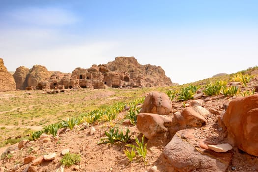 Cave dwellings in the Rose City of Petra, Jordan. The city of Petra was lost for over 1000 years. Now one of the Seven Wonders of the Word