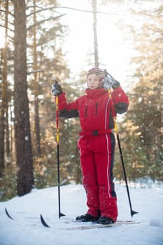 A little boy in red clothes is skiing in a pine forest