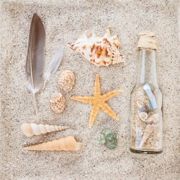 Beach holiday / summer holiday concept with sand and shells