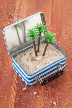 Small suitcase with sand and palm trees,travel concept,beach holiday