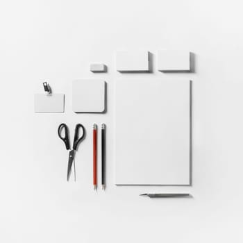 Corporate identity template. Photo of blank stationery set on white paper background. Mockup for design presentations and portfolios. Flat lay.