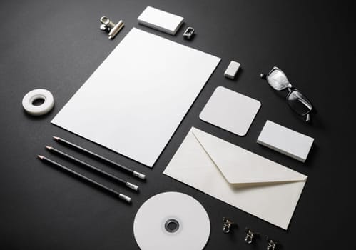 Branding mock up. Blank corporate stationery set on black paper background.