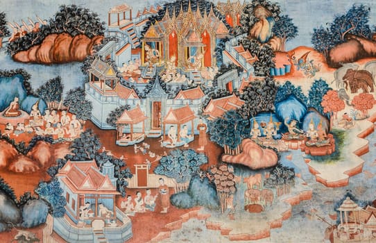 Ancient Buddhist temple mural painting of the life of Buddha in Phatthalung province ,Thailand