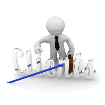 Character with the word clients in silver and upswing arrow, 3d rendering