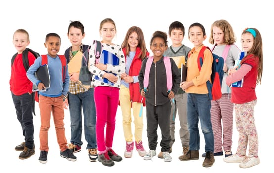 Group of school children posing isolated in white