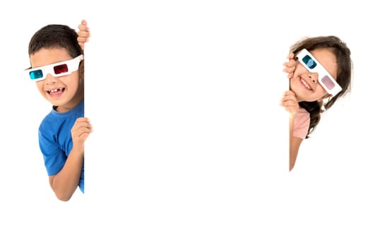 Children couple with 3d glasses with white board