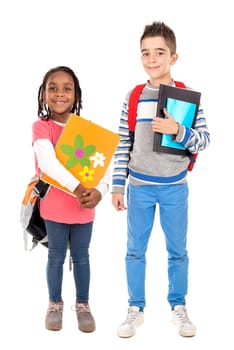 Young couple of students posing isolated in white