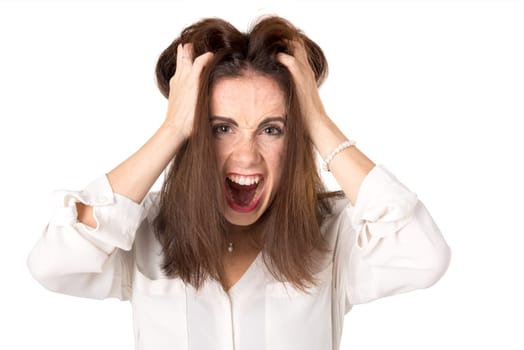 Angry casual young woman isolated in a white background