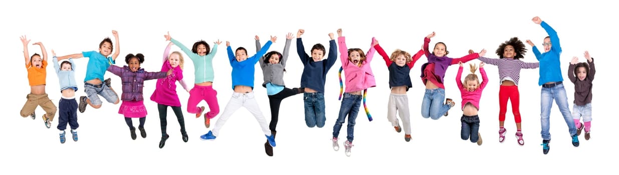Large group of happy kids jumping isolated in white