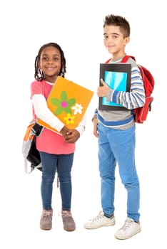Young couple of students posing isolated in white