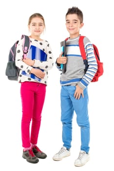 Young couple of students posing isolated in white