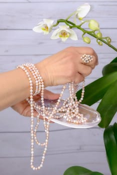 Woman cares for white orchid, wearing ring and bracelet of Japanese white pearls.