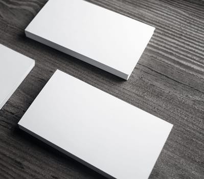 Blank business cards on wood background. Template for branding ID.