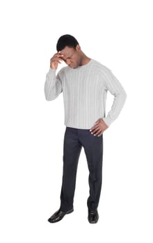 An African American man standing isolated for white background with.one hand on his forehead, looking sad, isolated for white background.