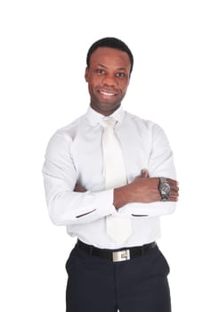 A good looking African American man standing in a portrait image in.a white shirt and tie and smiling, isolated for white background.