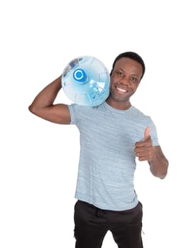 A young smiling African American man carrying a blue big water bottle.on his shoulder with thump up, isolated for white background.