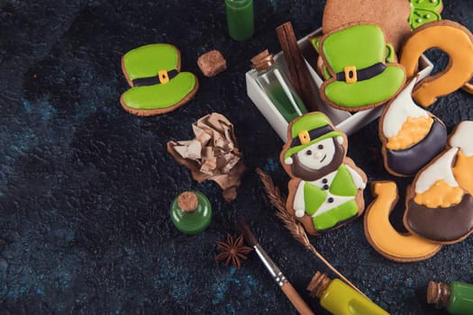 Gingerbreads cookies for Patrick's day on concrete background