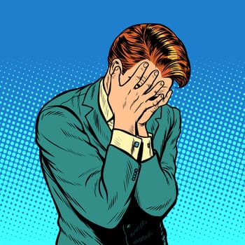 depressed man. A face closed by hands. Pop art retro comic book cartoon drawing vector illustration kitsch vintage