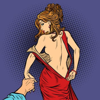 follow me undresses woman, couple love and sexy. Pop art retro comic book cartoon drawing vector illustration kitsch vintage