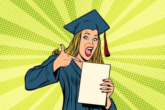 Female graduate points a finger at. Pop art retro comic book cartoon drawing vector illustration kitsch vintage