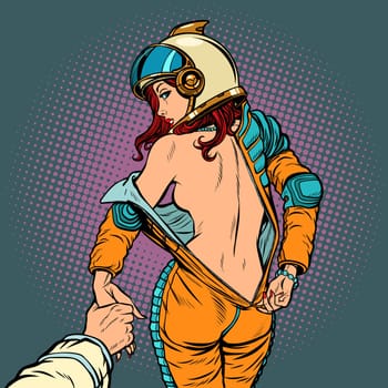 follow me undresses astronaut woman, couple love and sexy. Pop art retro comic book cartoon drawing vector illustration kitsch vintage