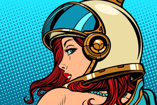 woman astronaut looking over her shoulder. Pop art retro comic book cartoon drawing vector illustration kitsch vintage