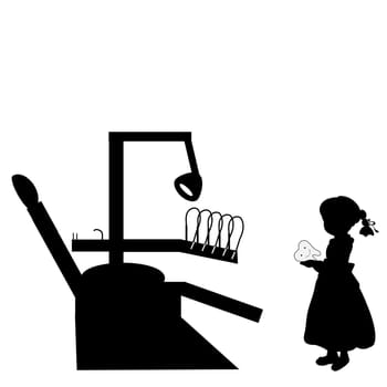 Silhouette girl costs with tooth stomatology. World Dentist Day. Vector Illustration