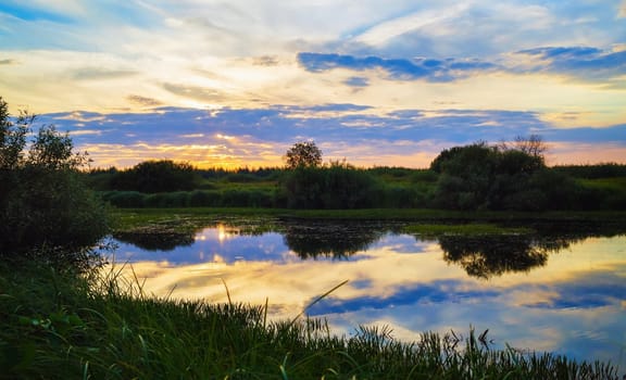 Sunset over the lake, overgrown with sedges. Reflection of the sky and bushes in the water. Evening landscape.