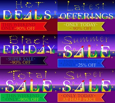 Cards with texts for retail. Night beach. Hot deals. Latest offerings. Summer sale. Black friday. White houses on the coastline. Stars in the sky. Banners for custom text.  illustration