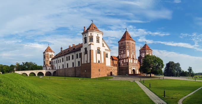 Mir, Belarus - August 04, 2016: Ancient medieval fortress in Mir, Belarus. Mir Castle is a museum and castle complex- historical heritage of Belarus. Panoramic shot.
