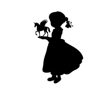 Silhouette girl holding fantasy unicorn. Vector illustration