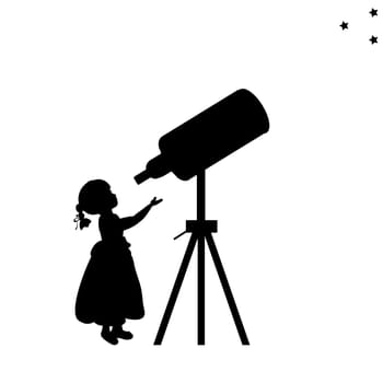 Silhouette girl looks into space telescope. Vector illustration