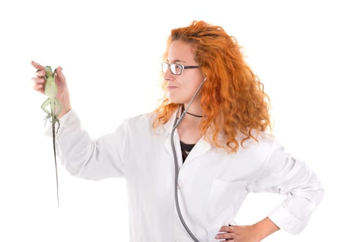 Veterinarian girl with lizard isolated in white