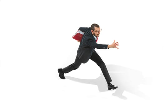 Businessman running with a folder isolated on white background