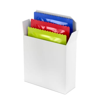 Cardboard box with three condoms on white background