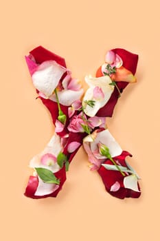 Letter X made from red roses and petals isolated on a beige background