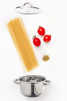 Macaroni pasta with tomato sauce close up. Healthy food ingredients. Flying food