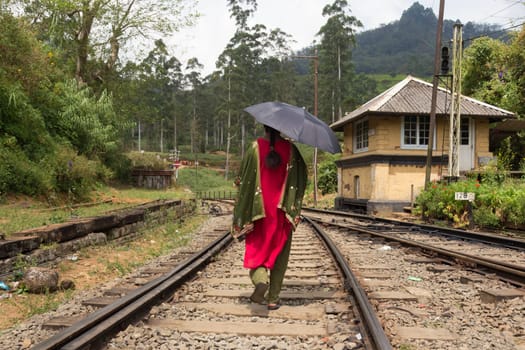 Woman wearing traditional sari and black umbrella walking home from her work on railway tracks in Sri Lanka.