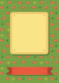 Greeting card. Cartoon funny pigs with white decor. Yellow and red banners for custom text. Brown background