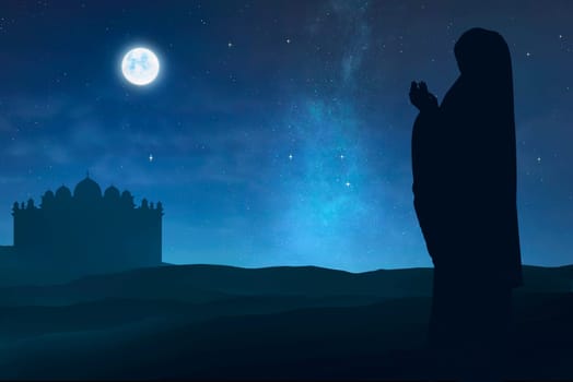 Silhouette of muslim woman raising hand and praying in the night