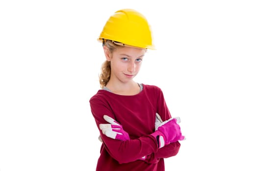 blond girl with helmet and work gloves in front of white background