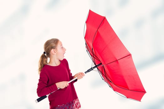 blond girl with red umbrella in frontof white background