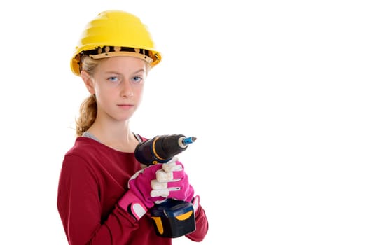 blond girl with helmet,cordless screwdriver and work gloves in front of white background