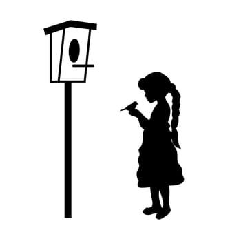 Silhouette girl holding bird birdhouse. Vector illustration