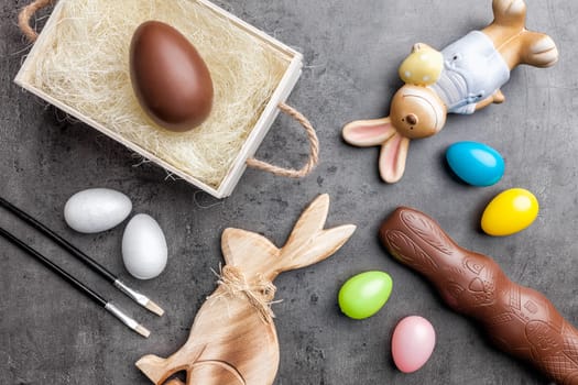Variety of traditional Easter decoration on a rustic background