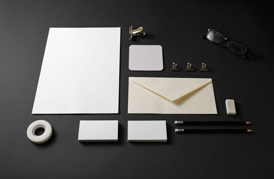 Corporate stationery set. Blank branding identity template on black paper background.