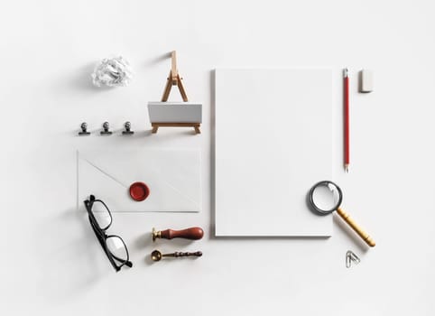 Photo of blank corporate stationery set. Vintage brand ID elements. Responsive design template. Flat lay.